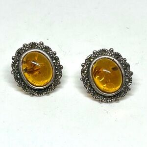 Vintage 925 Marcasite Baltic Amber Earrings